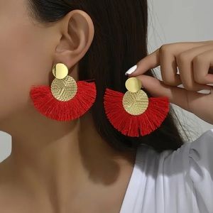 NEW Summer Bright Fan Shape Red Tassel Gold 18k Boho Earrings